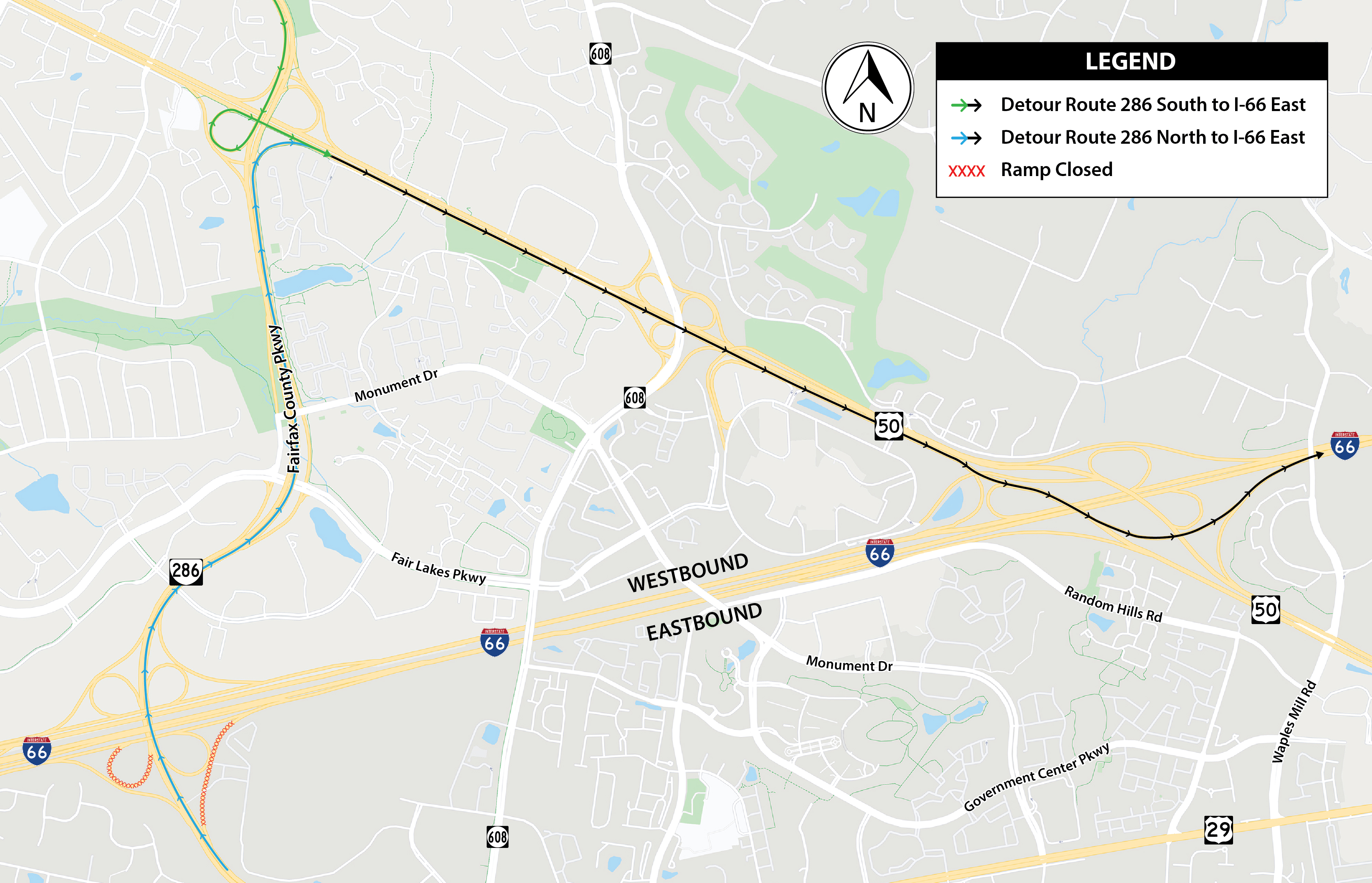 Detour for ramp closure VA-286NS to I-66E